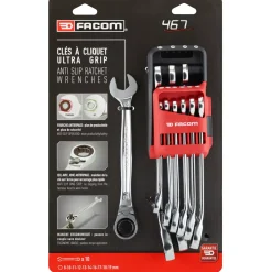 Facom 467B.JP10PB 10-delige Steek-/ringratelsleutelset in houder - Metrisch - 8-19mm - anti-slip
