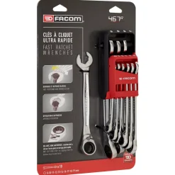 Facom 467BR.JP10PB 10-delige Steek-/ringratelsleutelset in houder Metrisch - 8-19mm - snelle anti-slip