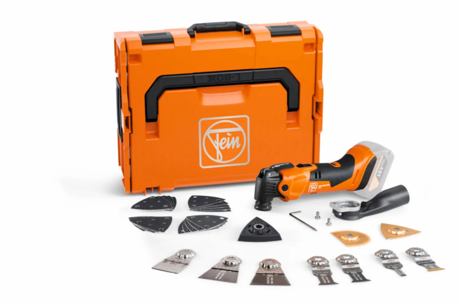 Fein AMM500 Multimaster Plus Top 18V Li-ion Accu Multitool body in L-Boxx incl. 30-Delige accessoires set