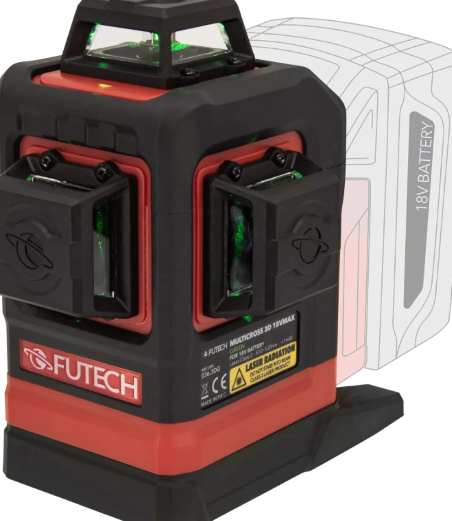 FUTECH Multicross 3D 18VMAX kruislijnlaser set incl. statief en 18V batterij adapter - groen - 70m - 3 lijnen
