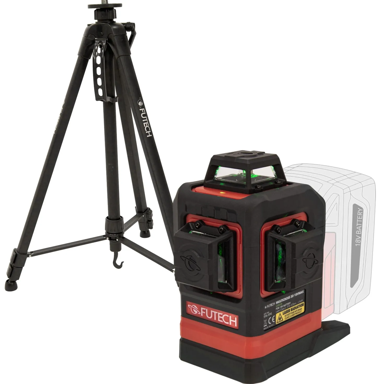 FUTECH Multicross 3D 18VMAX kruislijnlaser set incl. statief en 18V batterij adapter - groen - 70m - 3 lijnen