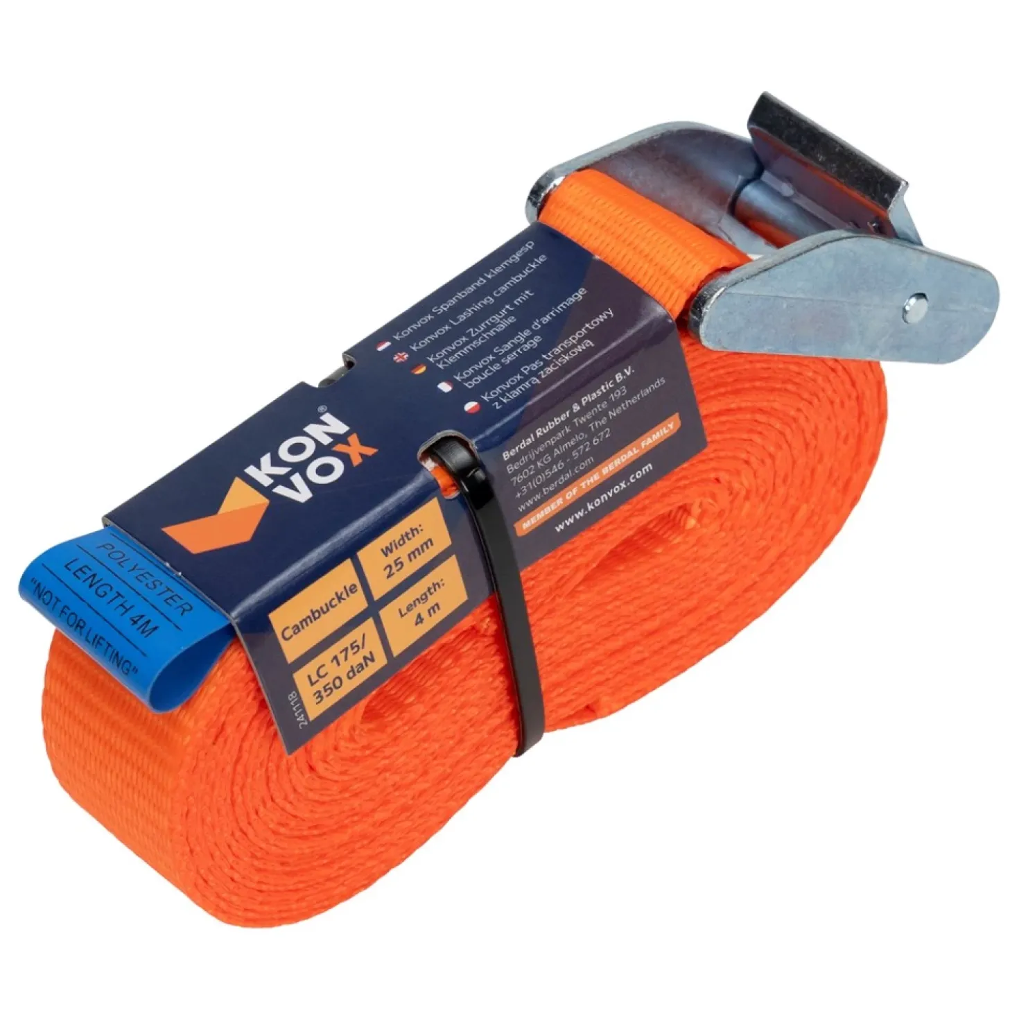 Konvox LAZE1425-0004 Spanband eindloos met klemgesp HD - 4m x 25mm - 350 daN - Oranje