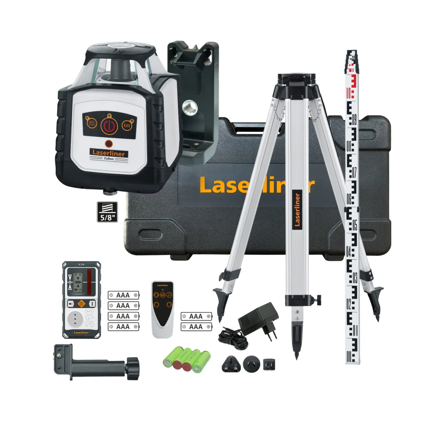 Laserliner Cubus 210 S Roterende laser set incl. statief, ontvanger en meetlat in koffer - Rood - 200 m - IP66