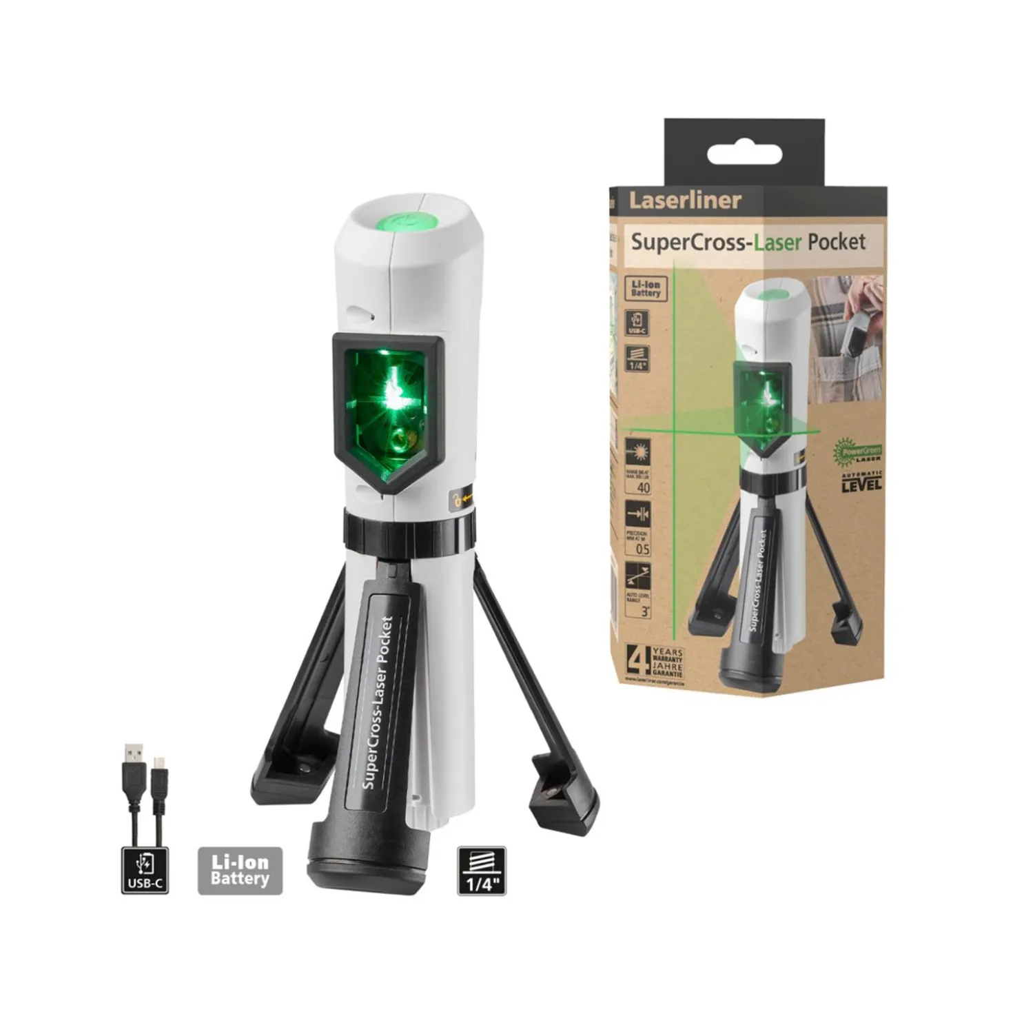 Laserliner SuperCross-Laser Pocket Kruislijnlaser incl. integreerd statief in tas - 2 lijnen - groen - 40m