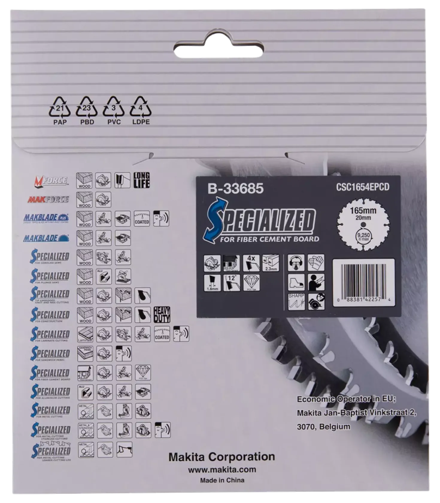 Makita B-33685 Specialized cirkelzaagblad Vezelcementplaat - 165 x 20 x 4T