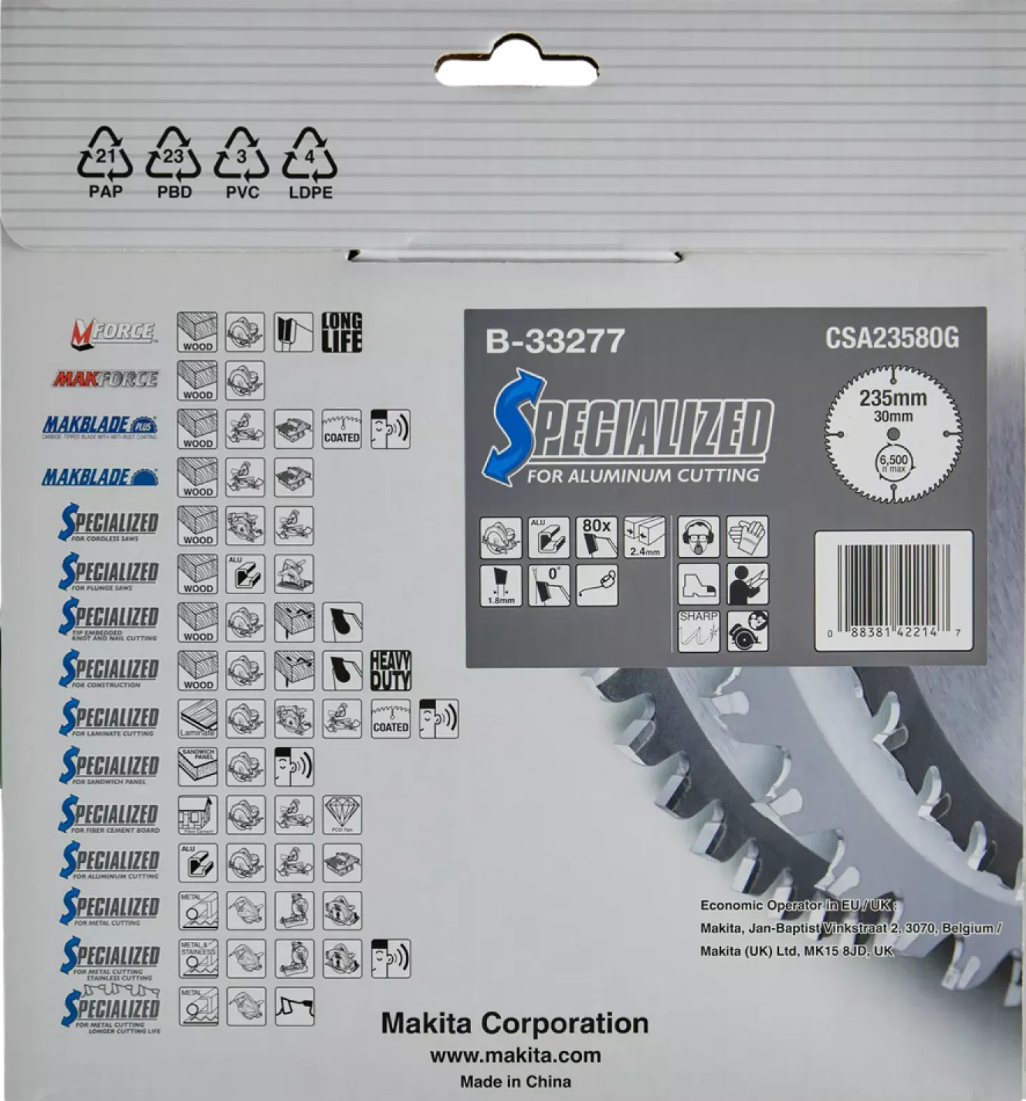 Makita B-33277 Specialized cirkelzaagblad Aluminium - 235 x 30 x 80T