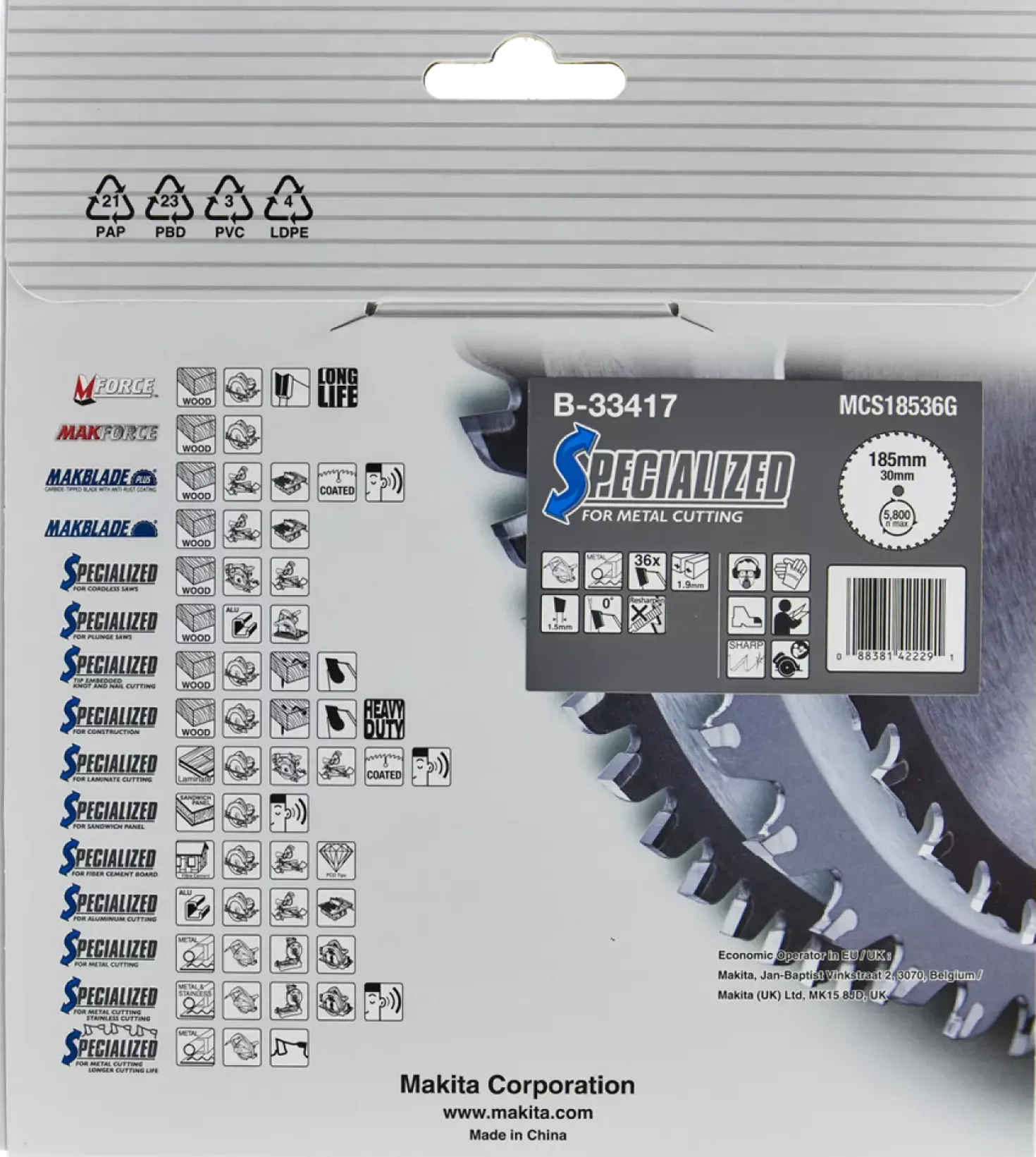 Makita B-33417 Specialized cirkelzaagblad voor Staal - 185 x 30 x 36T