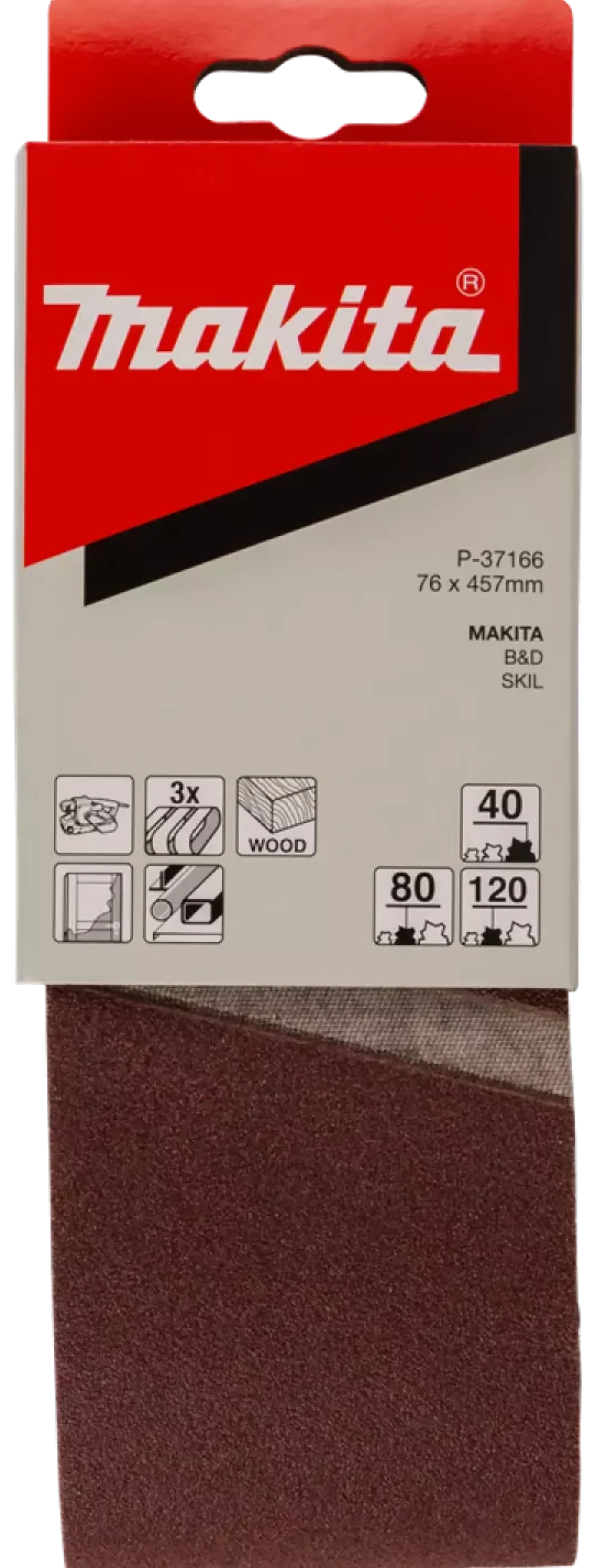 Makita P-37166 3 delige Schuurbandset Red - K40 / 80 / 120 - 76 x 457mm