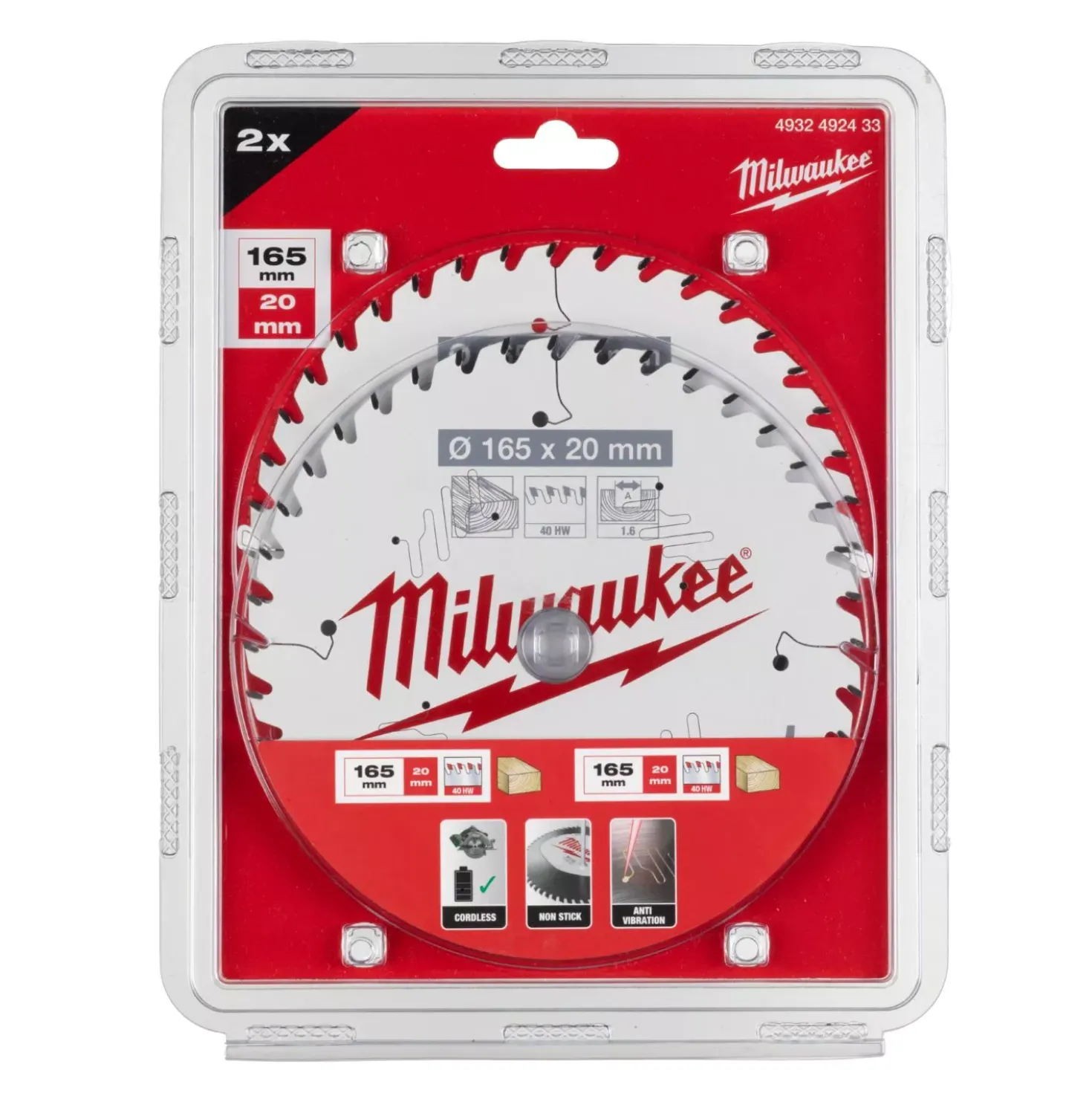 Milwaukee 4932492433 Cirkelzaagblad - 165 x 20mm x 40T - hout - duopack