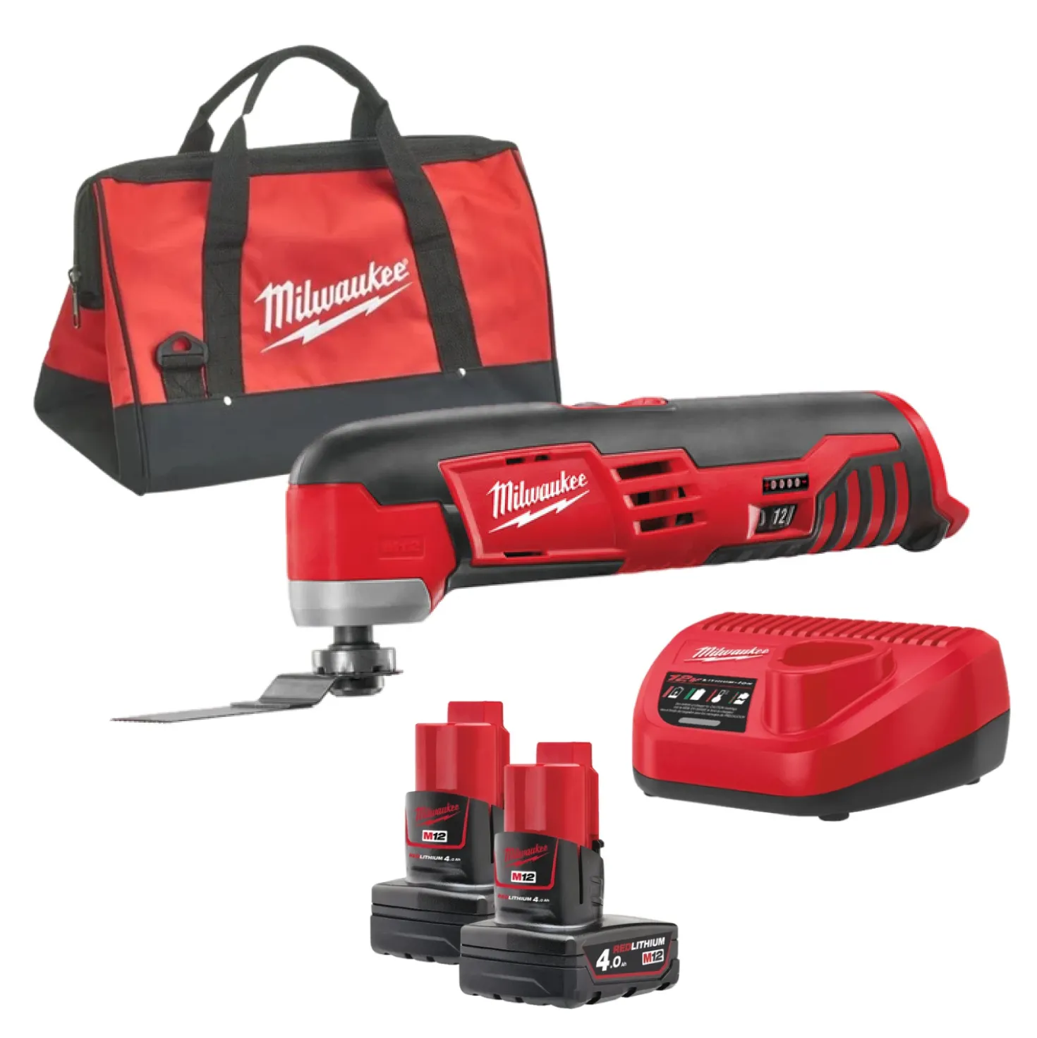 Milwaukee C12 MT-402B 12V Li-Ion Accu multitool set (2x 4.0Ah accu) + 8 delige accessoireset in tas - variabel
