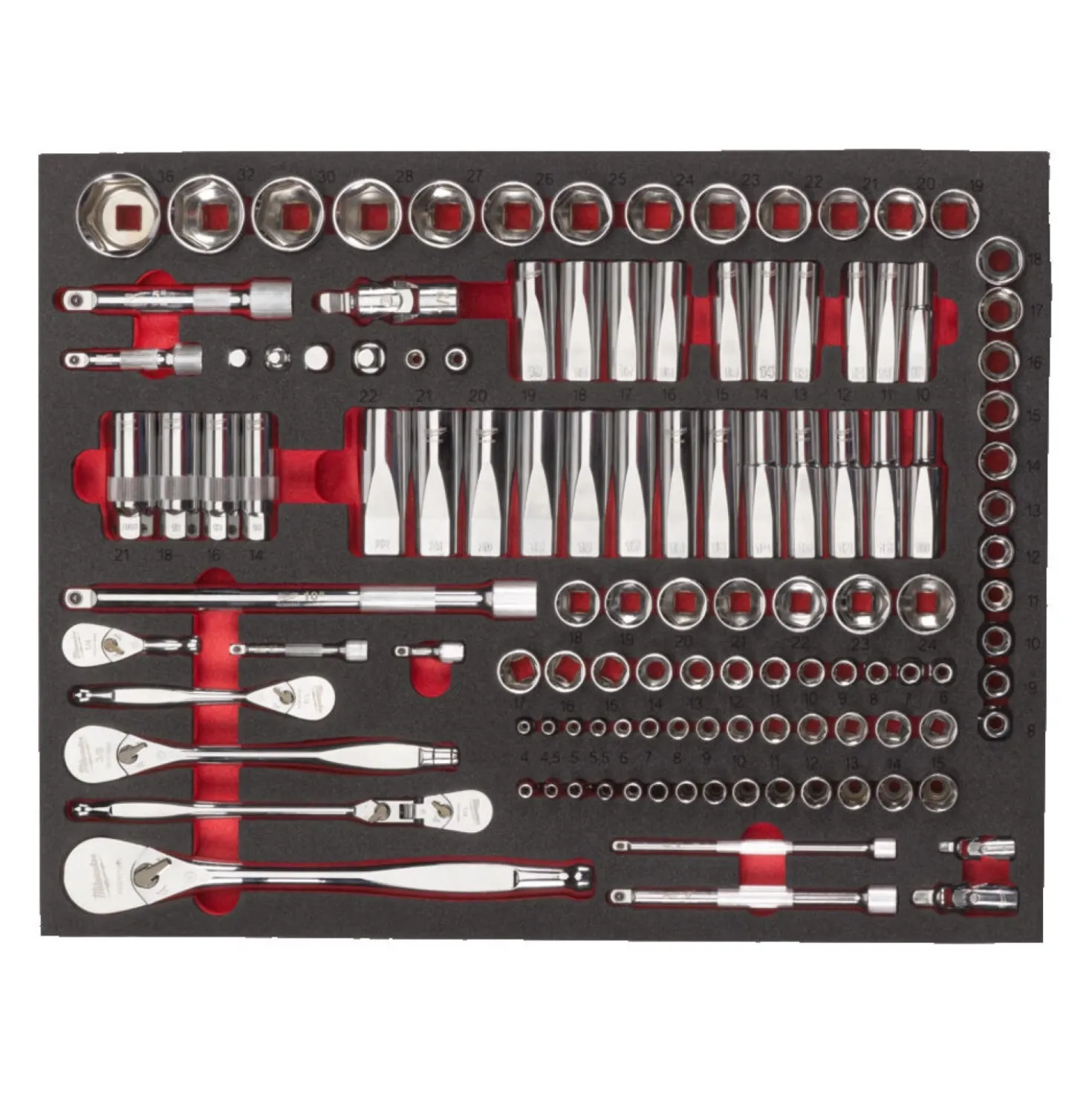 Milwaukee 4932498518 193-delige Ratel-en doppenset - in foam inlay - 1/4" + 3/8"+ 1/2"