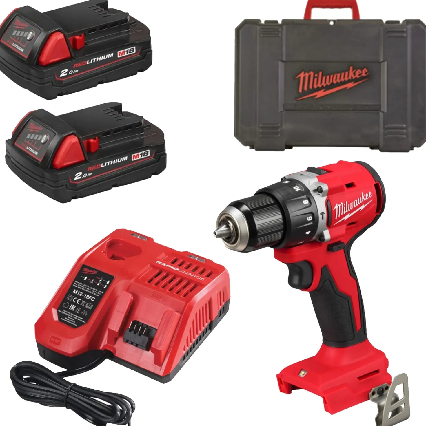 Milwaukee M18 BLPDRC-202C 18V Li-Ion accu klopboor- /schroefmachine set (2x 2.0Ah accu) in koffer