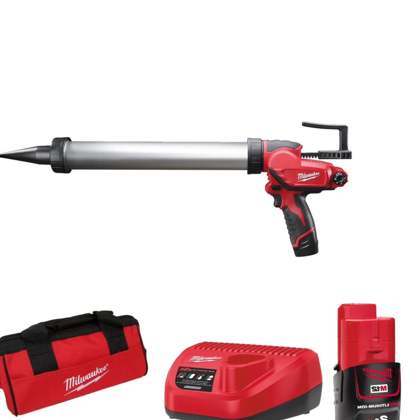 Milwaukee M12 PCG/600A-201B 12V Li-Ion Accu lijm- en kitspuit set (1x 2.0Ah accu) incl. worsthouder in tas