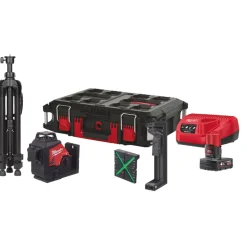 Milwaukee M12 3PLSKIT-401P 12V Li-ion accu Kruislijnlaser set in PACKOUT koffer - Groen - 38m - 3 lijnen - IP54