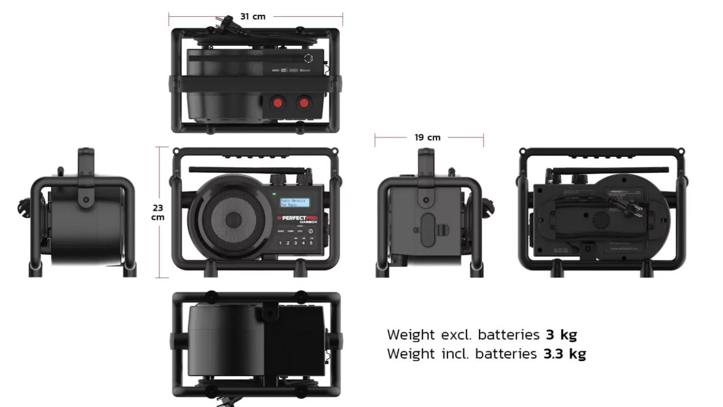 PerfectPro DBX3 DABBOX Bouwradio - FM RDS / DAB+ - AUX-in - bluetooth - werkt op netstroom en batterij