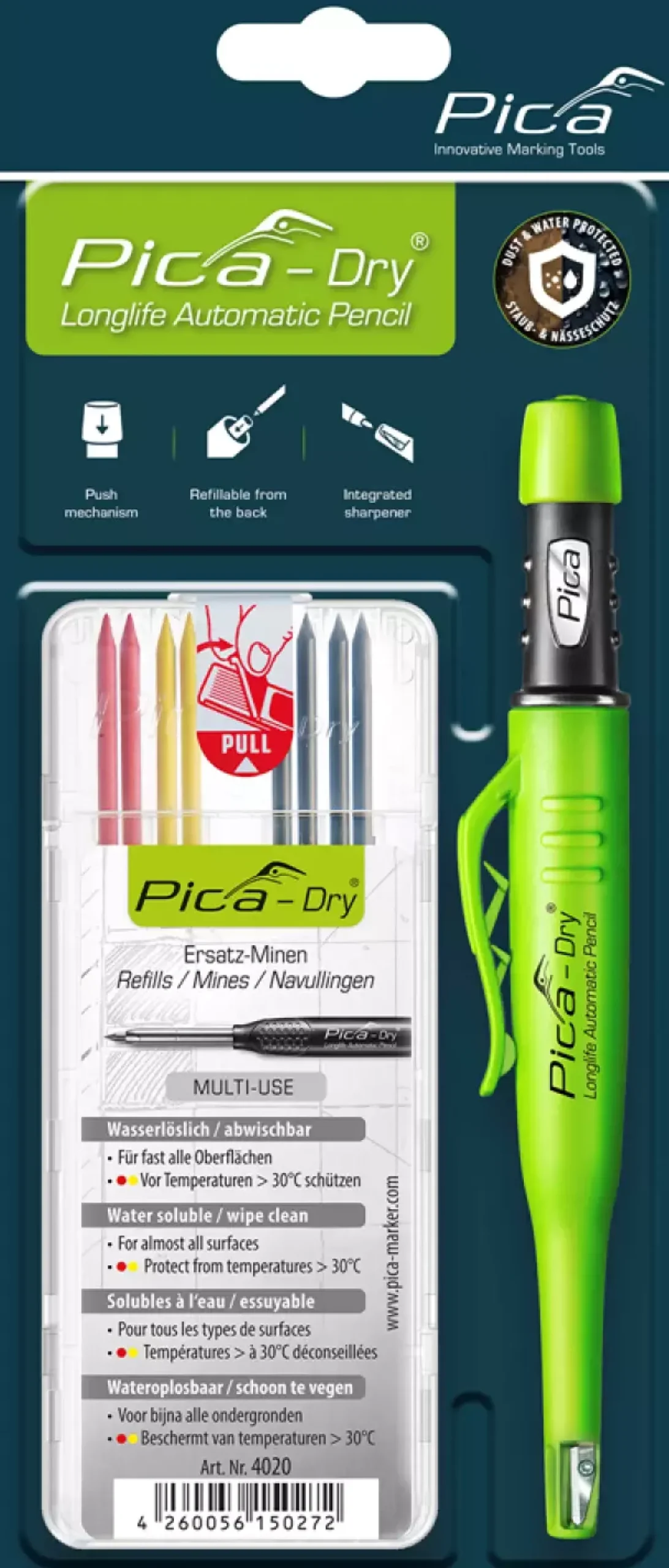 Pica PI30402 Dry Longlife Markeerpotlood 3030 + 4020 Dry Navulling - Grafiet/Rood/Geel (8st)