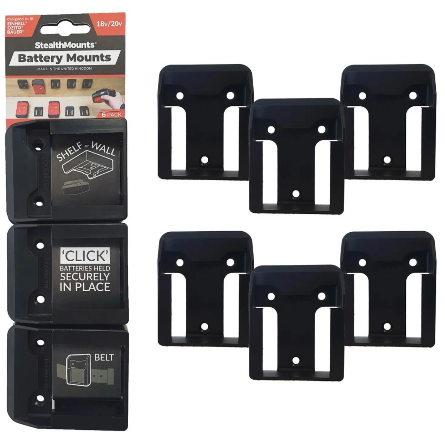 StealthMounts BM-EO18-BLK-6 Accuhouders voor Ozito/Einhell 18v - Zwart - 6 stuks