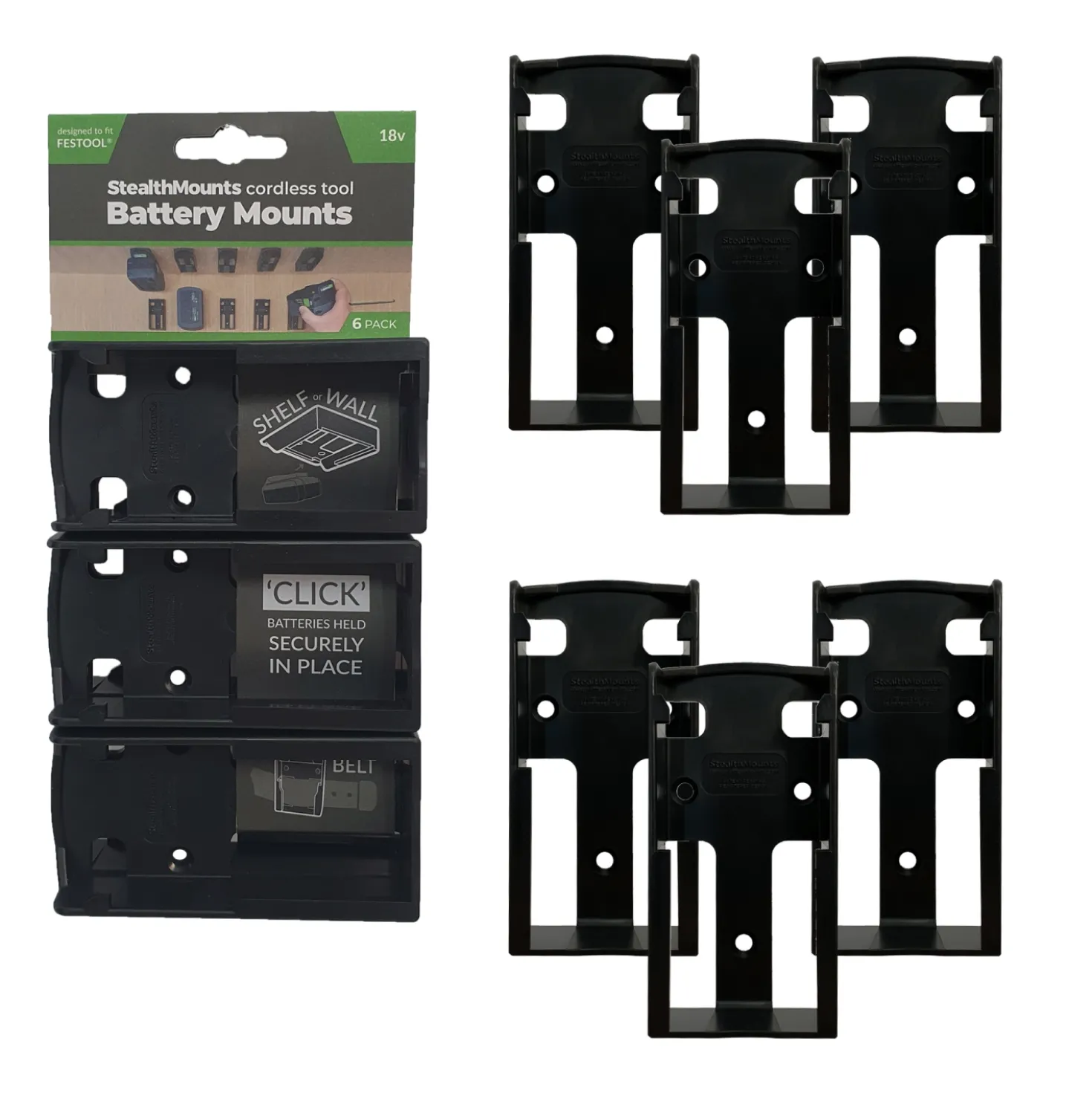 StealthMounts BM-FT18-BLK-6 Accuhouder voor Festool 18V - Zwart - 6-pack