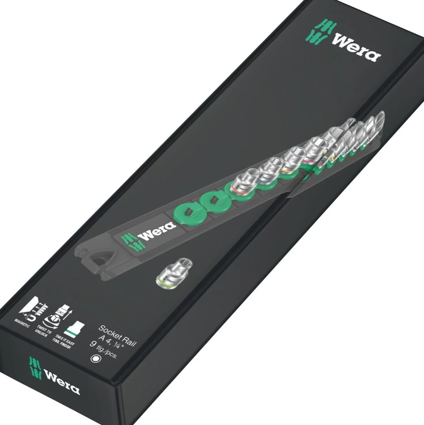 Wera 05005400001 9-delige Dop-magneetstrip A 4 Zyklop doppenset incl. houder - 1/4"
